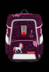 Purple backpack featuring a unicorn graphic, reflective accents, pink hardware, and a textured pattern with decorative elements.