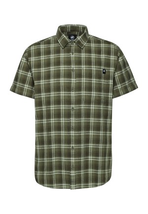 Krótki rękaw koszula w kratę w kolorze zielonym i białym, z kołnierzykiem i kieszonką na piersi, prezentowana na białym tle.