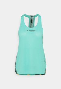 Aqua síťovaný tank top s výstřihem do tvaru lžíce, s logem Terrex, bočními rozparky a černými akcenty na lemu. Lehký a prodyšný design.