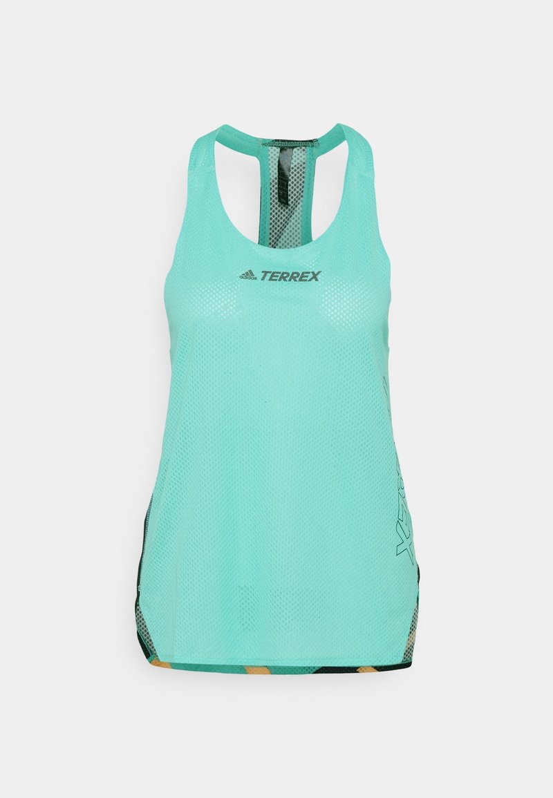 Aqua síťovaný tank top s výstřihem do tvaru lžíce, s logem Terrex, bočními rozparky a černými akcenty na lemu. Lehký a prodyšný design.
