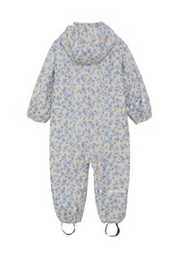 Blommönstrad beige overall med huva, utrustad med elastiska manschetter och vrisar, blå blommor och reflexdetaljer för synlighet.