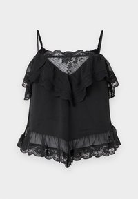 Camisole noir avec des volants superposés et des accents en dentelle. Fabriqué en tissu léger, avec des bretelles fines et un ourlet en dentelle festonnée.