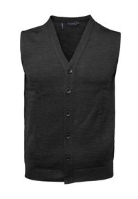 Ärmellose schwarze Strickweste aus feinem Strickmaterial. Mit V-Ausschnitt, sechs vorderen Knöpfen und einer strukturierten Optik ohne Taschen.