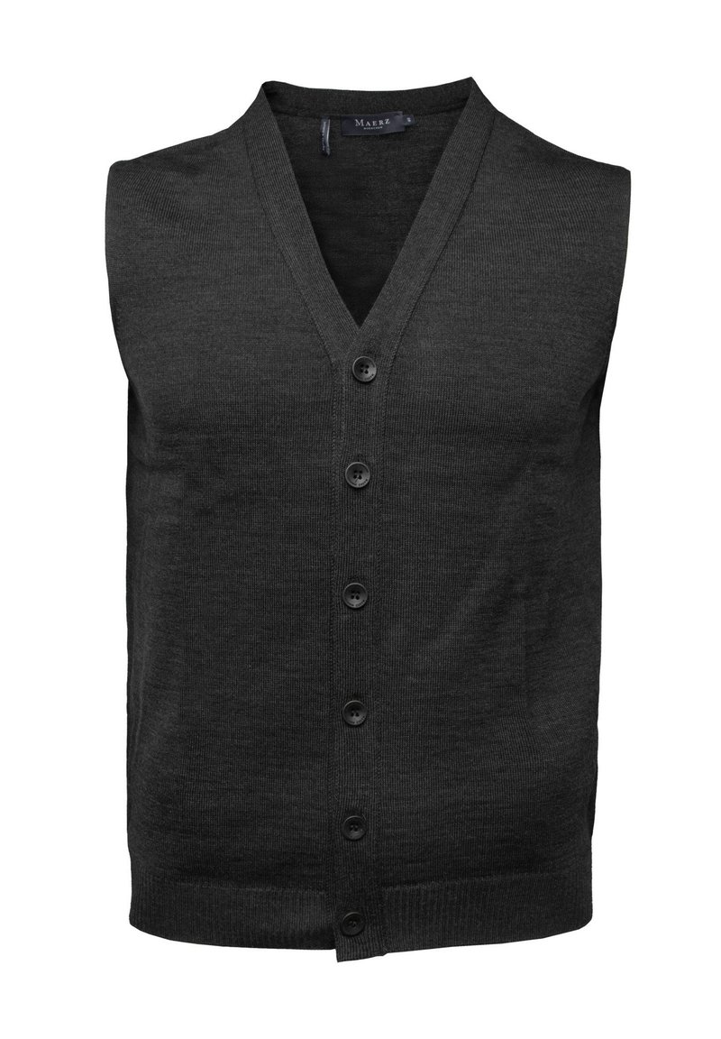 Ärmellose schwarze Strickweste aus feinem Strickmaterial. Mit V-Ausschnitt, sechs vorderen Knöpfen und einer strukturierten Optik ohne Taschen.