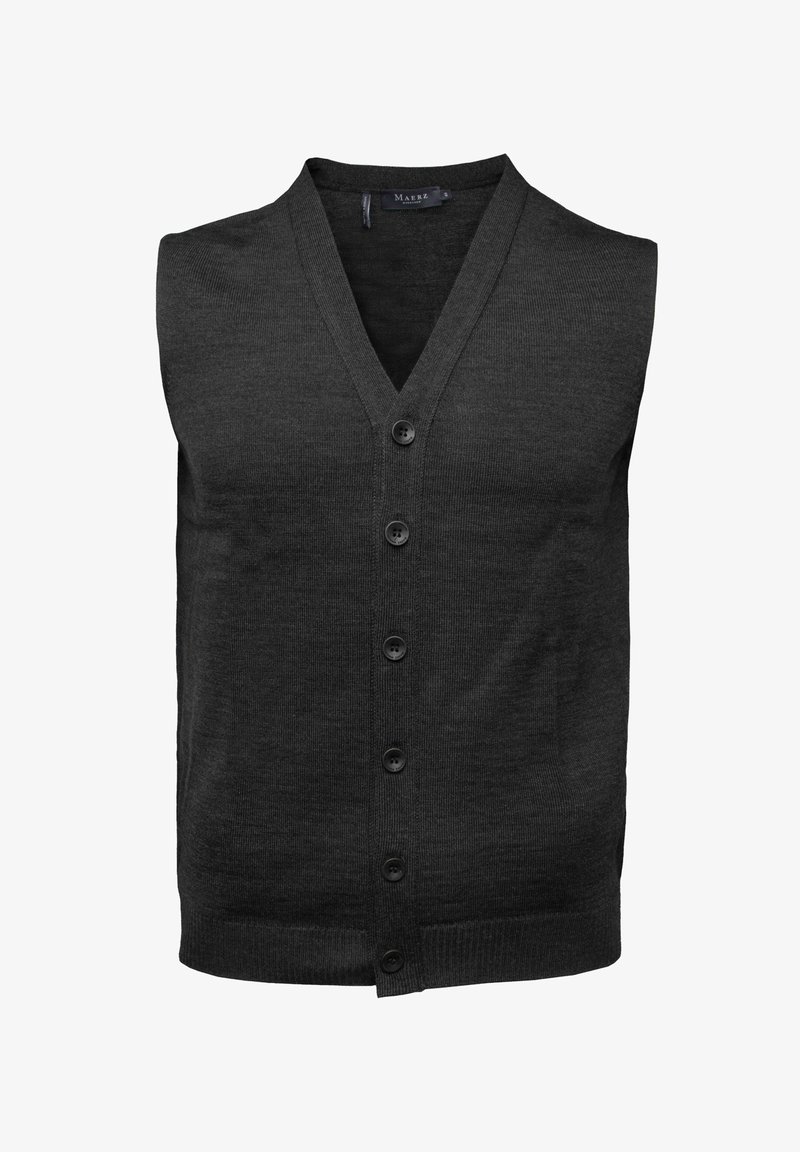 Ärmellose schwarze Strickweste aus feinem Strickmaterial. Mit V-Ausschnitt, sechs vorderen Knöpfen und einer strukturierten Optik ohne Taschen.