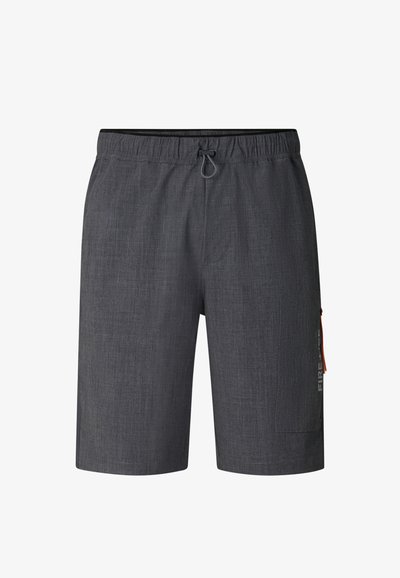 Ciemnoszare casualowe szorty z elastycznym pasem, sznurkiem oraz boczną kieszenią z małym pionowym logo.