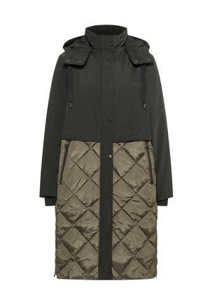 Padded coat with a dark green top section and olive quilted bottom. Features a hood, zippered side pockets, and snap button closure.