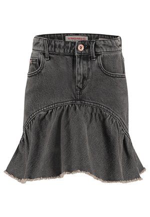 Sort denimnederdel med en flagrende, flæset kant. Har lukning med knapper foran og to sidelommer. Frynset kant nederst.