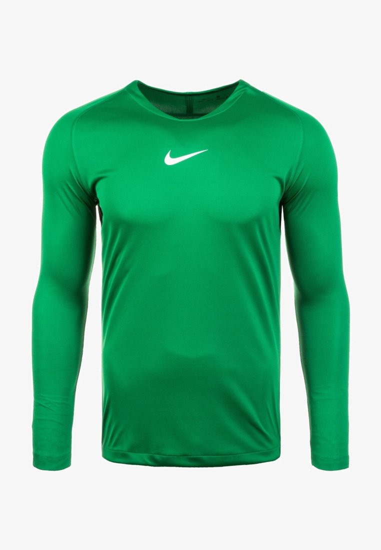 Nike Langarmshirt in leuchtendem Grün, aus glattem, feuchtigkeitsableitendem Material. Mit einem weißen Swoosh-Logo auf der Brust.