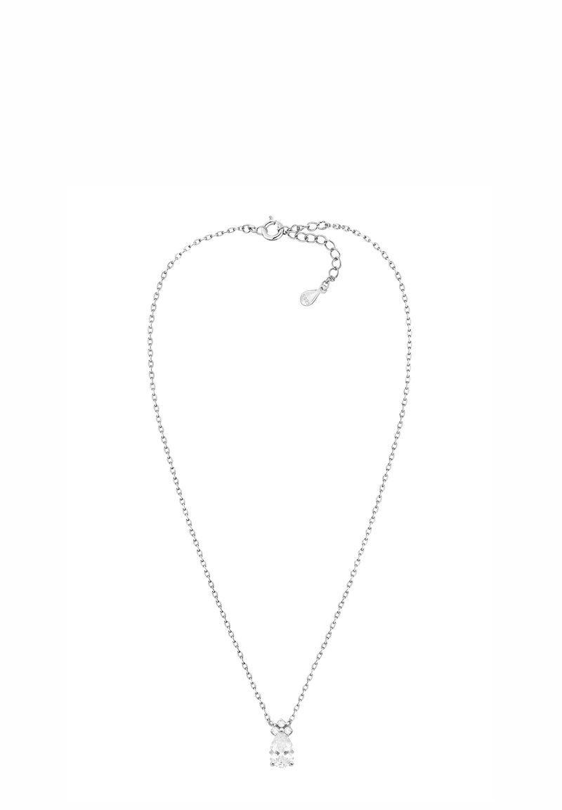 Collier en chaîne argentée avec un petit pendentif en forme de goutte transparente et une fermeture ajustable à fermoir homard.