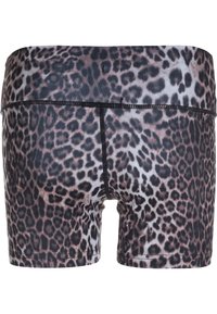 Badbyxor med leopardtryck i polyestermik, med svart midjeband och platta sömmar, högt skurna på låren med en åtsittande design.