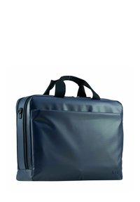 Bolsa para portátil de color azul marino hecha de material liso y duradero. Cuenta con un cierre de cremallera, dos asas y un bolsillo frontal para mayor almacenamiento.