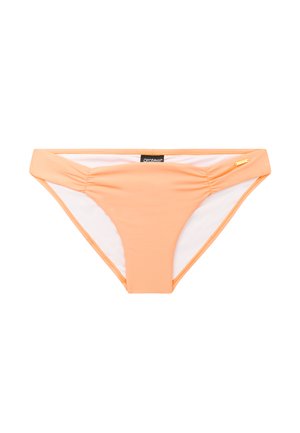 Bikinibroekje in perzikkleur met een lichte glans, voorzien van geplooide details aan de zijkanten en een contrasterende witte voering. Merkenteken zichtbaar.