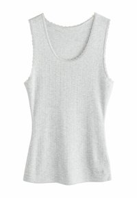 Gray tank top with a ribbed texture and scalloped neckline. The fabric appears soft and lightweight, suitable for casual wear.