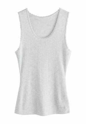 Gray tank top with a ribbed texture and scalloped neckline. The fabric appears soft and lightweight, suitable for casual wear.