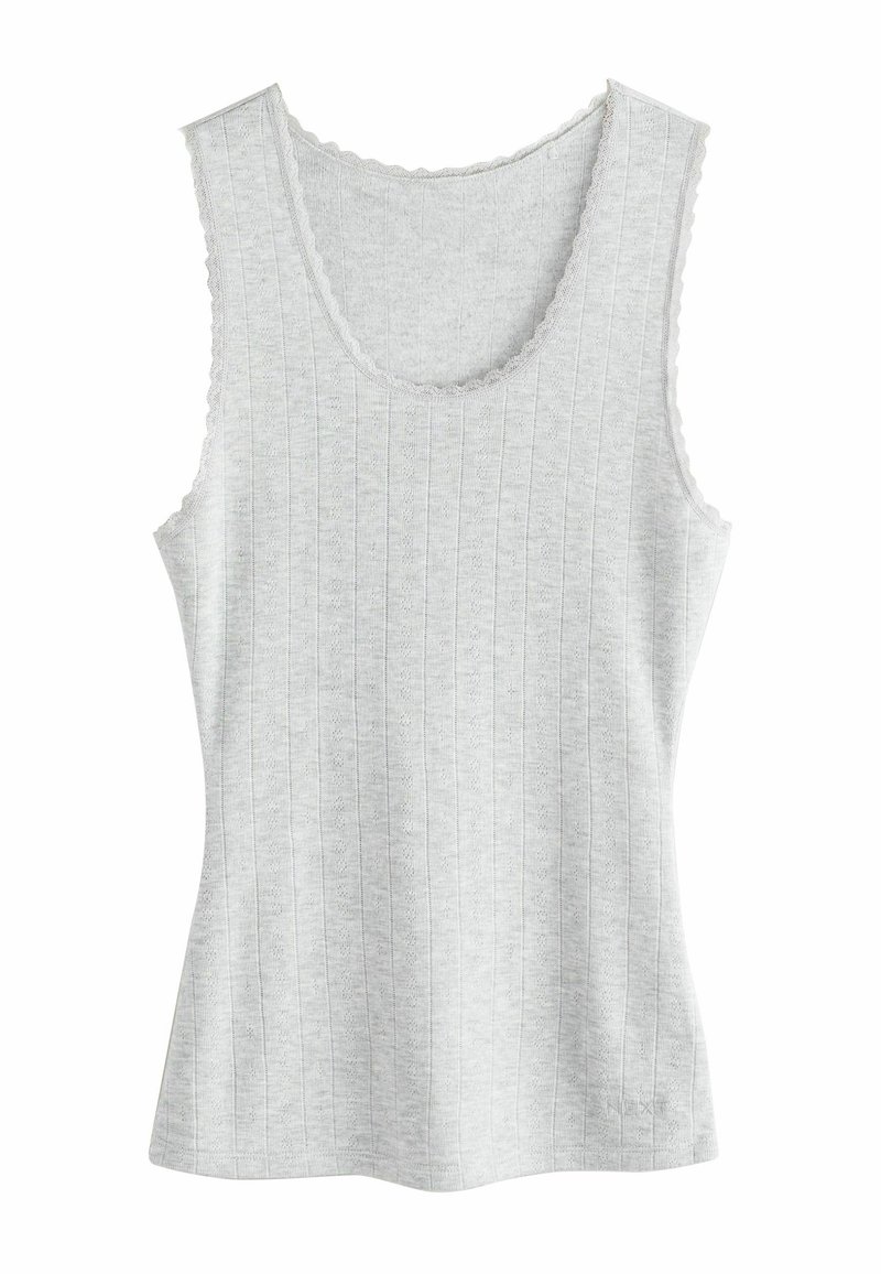 Gray tank top with a ribbed texture and scalloped neckline. The fabric appears soft and lightweight, suitable for casual wear.