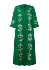 Grüner Kaftan mit V-Ausschnitt und dreiviertellangen Ärmeln. Mit goldfarbener Blumenstickerei entlang der Vorderseite und Ärmel auf glattem Stoff.