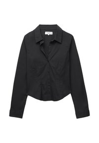 Black cropped button-up shirt with long sleeves, classic collar, and vertical seams. Made from a smooth, lightweight fabric.