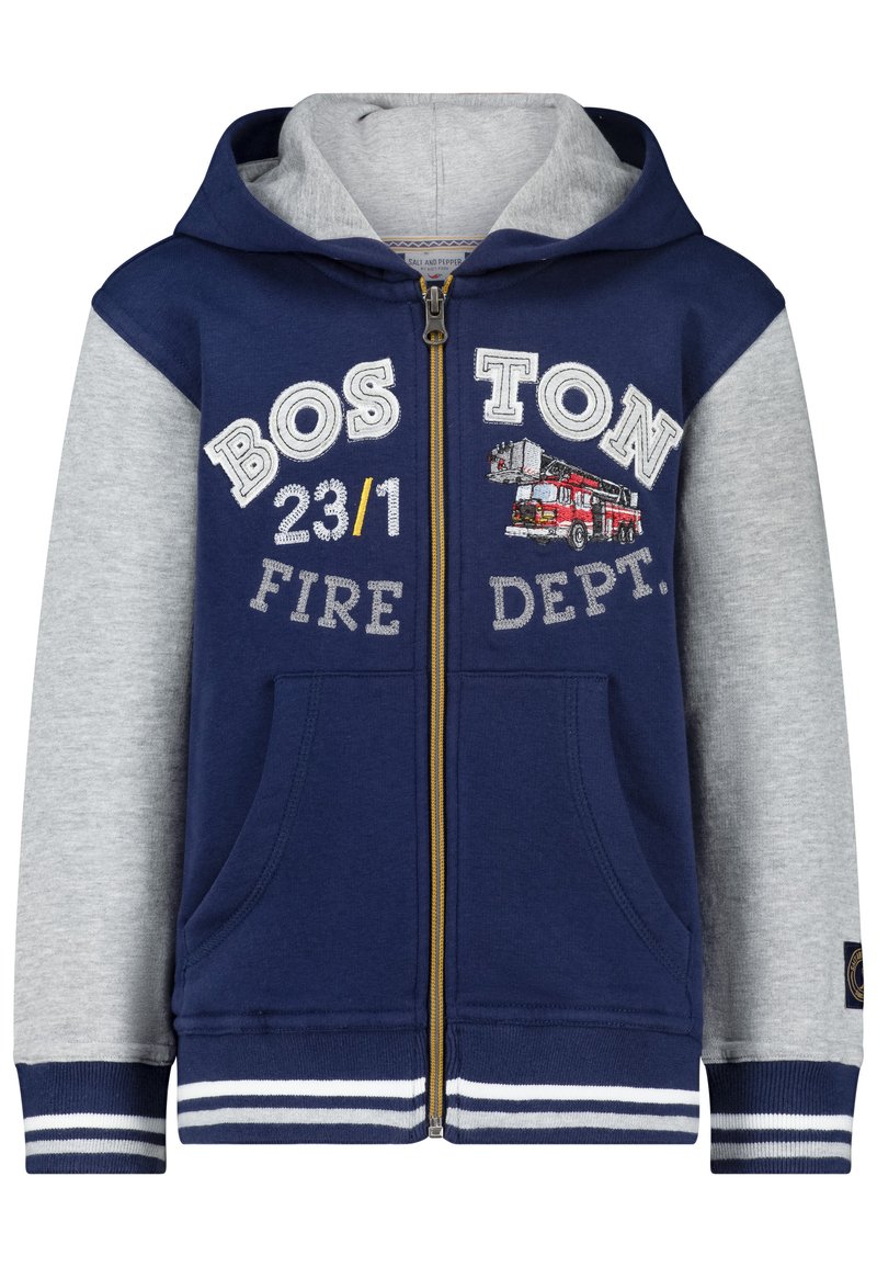 Marineblauwe en grijze zip-up hoodie met geborduurde "BOSTON FIRE DEPT." en een grafiek van een brandweerwagen, gestreepte manchetten en vo pockets.