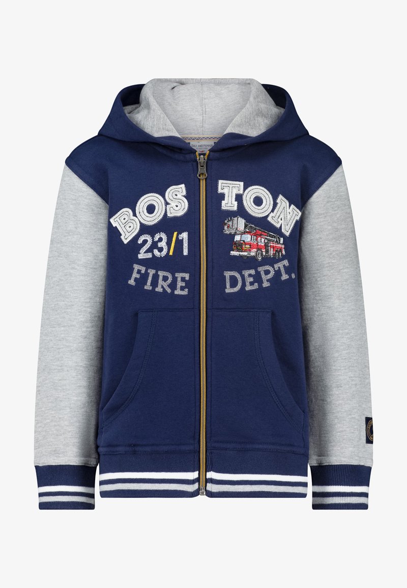 Marineblauwe en grijze zip-up hoodie met geborduurde "BOSTON FIRE DEPT." en een grafiek van een brandweerwagen, gestreepte manchetten en vo pockets.