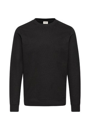 Mustas crewneck-sweatshirt, mis on valmistatud puuvilla segakangast, ribidega varruka- ja hemmiääred, sujuva pinnaga ning ilma nähtavate mustrite või logodeta.
