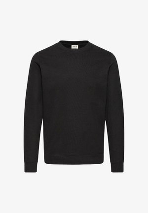 Mustas crewneck-sweatshirt, mis on valmistatud puuvilla segakangast, ribidega varruka- ja hemmiääred, sujuva pinnaga ning ilma nähtavate mustrite või logodeta.