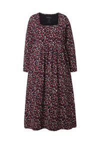Blumenkleid mit quadratischem Ausschnitt, langen Ärmeln und fließender Silhouette. Zeigt einen dunklen Hintergrund mit roten, weißen und grünen Mustern.