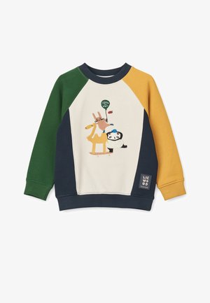 Colorful sweatshirt with green, yellow, navy, and cream panels. Features a playful animal design with stitched details and ribbed cuffs.