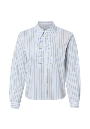 Bluzka z długim rękawem w jasnoniebieskie i białe paski, zapinana z przodu na guziki, z falbankami na piersi.