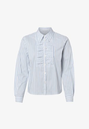 Blouse à manches longues rayée bleu clair et blanc avec boutonnière devant et détails à volants sur la poitrine.