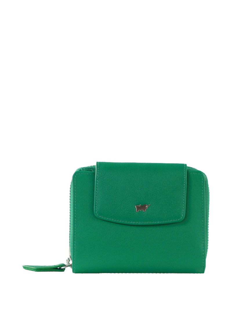 Portafoglio verde in pelle con patta frontale, chiusura con zip e un piccolo accento in metallo. Caratterizzato da una texture liscia e forma rettangolare.
