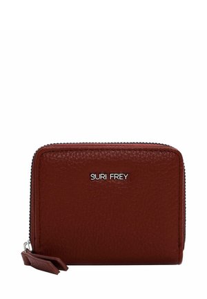 Red leather wallet with a textured surface, zip closure, and silver logo "SURI FREY" on the front. Compact rectangular shape.