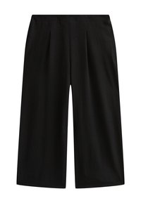 Černé široké krátké kalhoty s vysokým pasem a předními sklady, vyrobené z hladkého materiálu.
