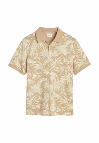 Kortærmet polo-shirt i beige med hvidt tryk af tropiske blade og ananas, med en klassisk krave og blød tekstur.