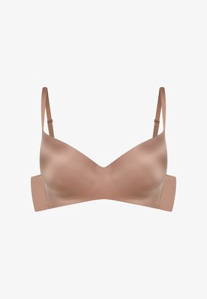 Nude biustonosz wykonany z gładkiego, satynowego materiału, z fiszbinami, regulowanymi ramiączkami i bezszwowym designem dla wygody oraz czystego sylwetki.