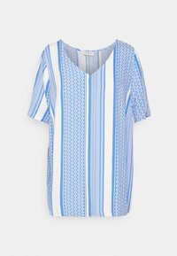 Lyhytselkäinen V-pääntiebluus, jossa on pystysuorat siniset ja valkoiset raidat, jotka esittävät monimutkaisia geometrisia kuvioita tasaisella taustalla.