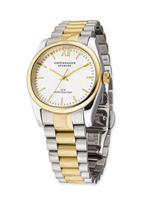 Herrenarmbanduhr aus Edelstahl mit zwei Farbtönen und goldenen Akzenten, weißem Zifferblatt, goldenen Stundenmarkierungen und "Copenhagen Studios" Branding.