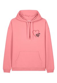 Felpa rosa con tasca frontale, cappuccio con stringhe e design a cuore ricamato con spille di sicurezza nella zona sinistra del petto.