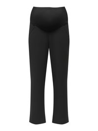Black maternity pants with a stretchy high waistband designed to accommodate a growing belly, straight leg fit, and side pockets.