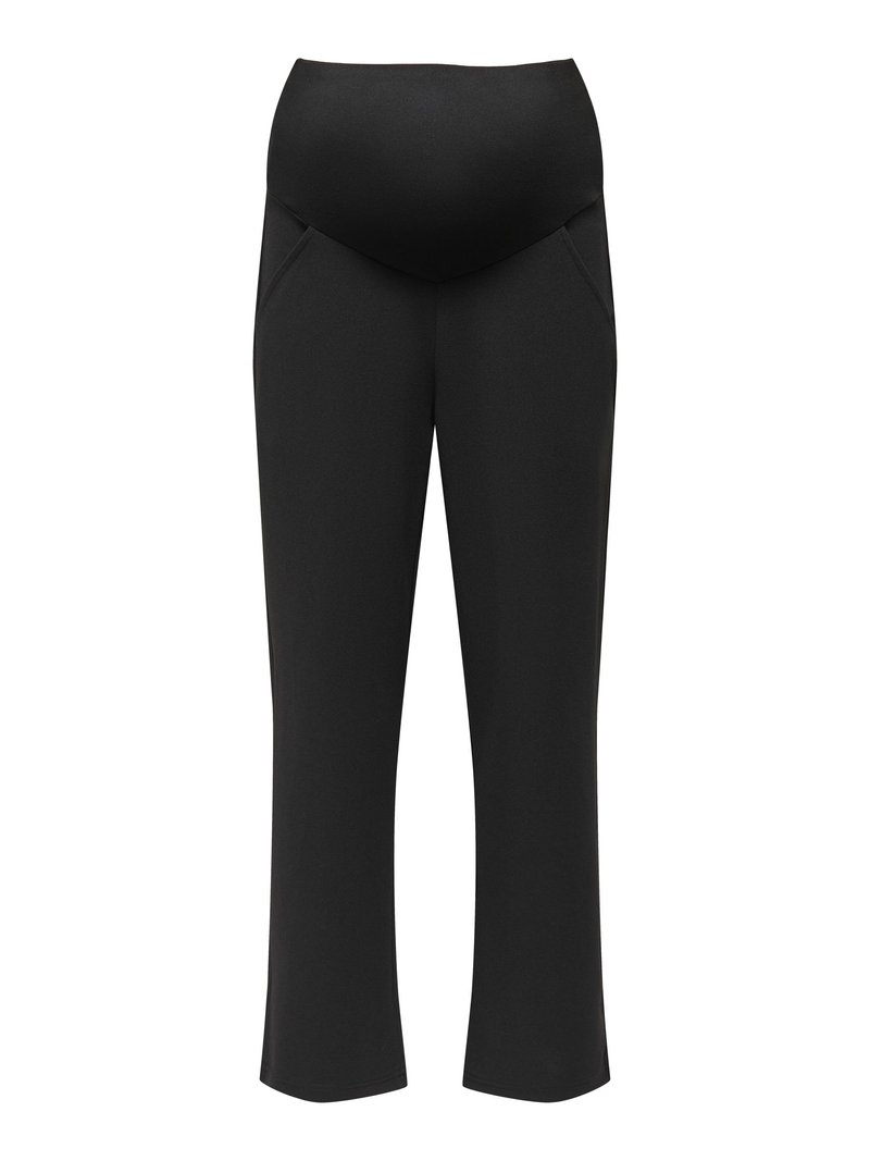 Black maternity pants with a stretchy high waistband designed to accommodate a growing belly, straight leg fit, and side pockets.