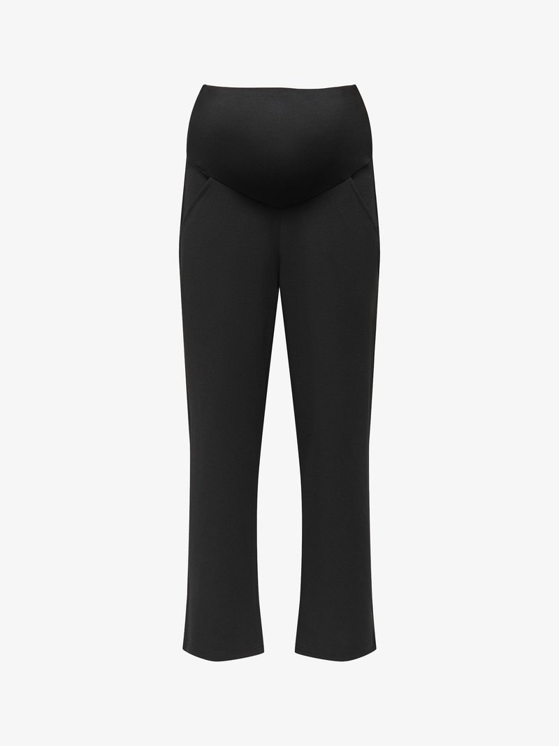 Black maternity pants with a stretchy high waistband designed to accommodate a growing belly, straight leg fit, and side pockets.