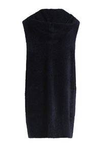 Dunkelblaues, kapuzenloses Badetuch, weiche Textur, ärmelloses Design, reicht bis zur Mitte des Oberschenkels, klare Linien, keine sichtbaren Muster oder Beschläge.