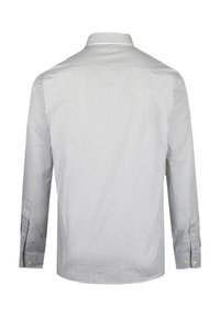 Gestreepte langärmelige shirt in marineblauw en wit, met een klassieke kraag, knoopmanchester en een getailleerde pasvorm. Verticale strepen lopen over het hele shirt.