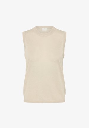 Niezapinany top dzianinowy w jasnym beżu. Posiada okrągły dekolt i bezszwowe ramiona. Miękka faktura zapewniająca komfort noszenia. Prosty design.