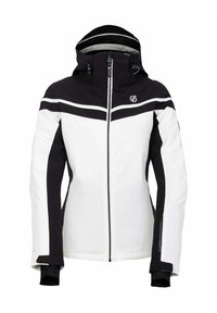Weiße und schwarze Ski-Jacke mit Reißverschluss, Kapuze und kontrasierenden horizontalen Streifen. Verfügt über ein strukturiertes Material und verstellbare Handgelenkabschlüsse.