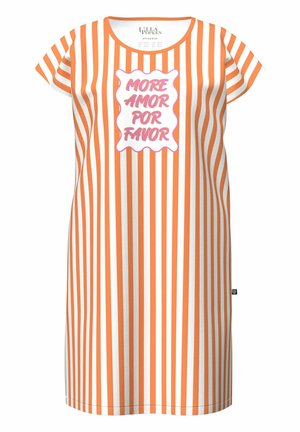 Robe à manches courtes avec des rayures verticales orange et blanches et un texte central « MORE AMOR POR FAVOR » en rose sur un fond blanc ondulé.