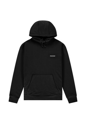 Czarna bluza z kapturem z przednią kieszenią, regulowanymi sznureczkami i małym białym logo na piersi. Materiał z bawełnianej mieszanki.