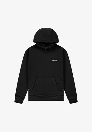 Schwarzer Kapuzenpullover mit Fronttasche, verstellbaren Kordeln und einem kleinen weißen Logo auf der Brust. Material aus Baumwollmischung.