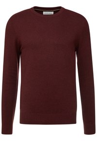 Pull col rond bordeaux en tissu maille douce avec poignets et ourlet côtelés ; design simple, sans motifs ni ornements.