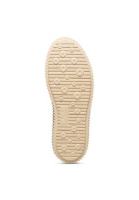 Rubberen sneakerzool, beige van kleur, tekstuur met cirkelvormige en ovale patronen, met een gedefinieerde rand en het merkembleem nabij de hak.